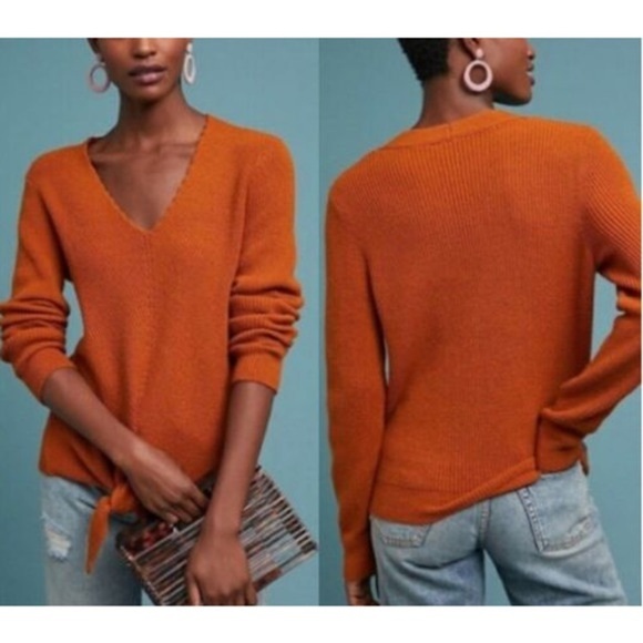 Moth Anthropologie Freeport Ribbed Tie Front Sweater Rust Orange V Neck Size XS - Picture 1 of 14